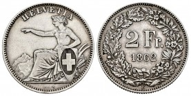 Suiza. 2 francos. 1862. Berna. B. (Km-10a). Ag. 9,99 g. MBC+. Est...200,00.