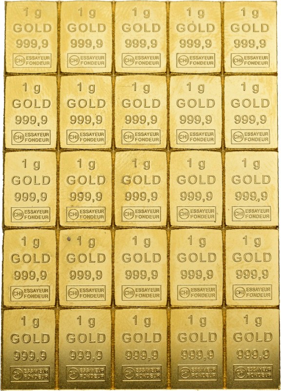 Tableta de 25 lingotes de 1 gramo de oro puro. 25,00 g. Con certificado de Edelm...