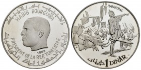 Túnez. Habib Bourguiba. 1 dinar. 1969. (Km-292). Ag. 19,84 g.  Imágenes de la historia de Túnez, Hannibal. PROOF. Est...35,00.