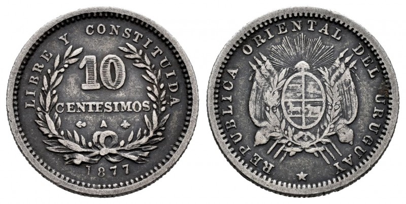 Uruguay. 10 céntimos. 1877. París. A. (Km-14). Ag. 2,46 g. MBC. Est...30,00.