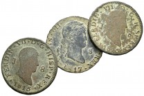 Lote de 3 piezas de 8 maravedís de Fernando VII, 2 de Jubia (1815, 1816), 1 de Segovia (1917). A EXAMINAR. MBC-/MBC. Est...40,00.