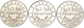 1973. Lote de 3 piezas de plata de reproduccines numeradas de 2 1/2 pesetas (1808, 1809, 1810). A EXAMINAR. SC. Est...50,00.
