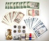 Lote mixto de monedas y billetes. En la monedas tenemos 4 cartuchos de la FNMT (50 monedas de 1 peseta 8-7-1963, 50 monedas de 1 peseta 19-12-1975, 50...