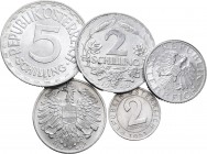 Austria. Juego de 5 monedas; 2 y 50 groschen de los años 1951 y 1952; y 1, 2 shilling de 1946 y y 5 shilling de 1952. A EXAMINAR. EBC+/SC-. Est...50,0...