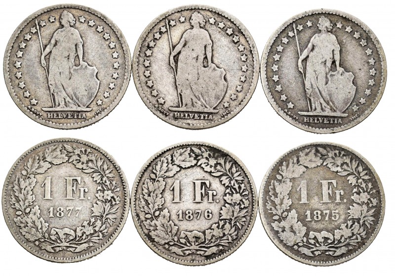 Suiza. Lote de 3 piezas de de 1 franco, 1875, 1875, 1877. Km-24. A EXAMINAR. BC+...