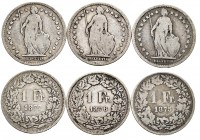 Suiza. Lote de 3 piezas de de 1 franco, 1875, 1875, 1877. Km-24. A EXAMINAR. BC+/MBC-. Est...25,00.