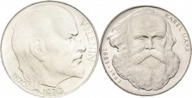 Checoslovaquia. Lote de 2 monedas de plata de 50 y 100 koronas, la primera dedicada a Lenin en 1970 y la segunda dedicada a Marx en 1983. Km 70 y 108....