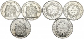 Lote de 3 monedas de plata de 5 francos, 1873, 1875 y 1876. A EXAMINAR. EBC-/EBC+. Est...60,00.