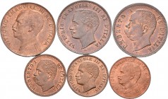 Italia. Lote de 6 monedas de cobre: 3 de 1 céntimo de los años 1895, 1904 y 1912 y otras 3 de 2 céntimos de los años 1900, 1903 y 1915. A EXAMINAR. EB...