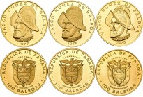Panamá. Lote de 3 monedas de 100 balboas. 1975 (2) y 1977 (1). (Km-41). Au. 24,95 g. V Centenario Vasco Núñez de Balboa. PROOF. Est...1100,00.
