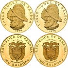 Panamá. Lote de 2 monedas de 100 balboas. 1975. (Km-41). Au. 16,31 g. V Centenario Vasco Núñez de Balboa. PROOF. Est...700,00.