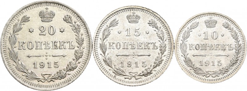 Rusia. Nicolás II. Ag. Serie de 3 monedas de plata del año 1915, de 10, 15 y 20 ...