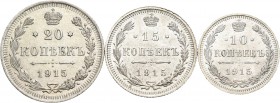 Rusia. Nicolás II. Ag. Serie de 3 monedas de plata del año 1915, de 10, 15 y 20 kopecks. SC-/SC. Est...60,00.