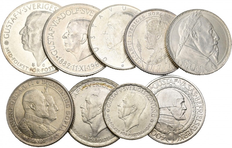 Suecia. Ag. Lote de 9 monedas de plata: 1 de 1 krona de 1943; 6 de 2 kronor de 1...