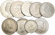 Suecia. Ag. Lote de 9 monedas de plata: 1 de 1 krona de 1943; 6 de 2 kronor de 1897, 1907, 1921, 1932, 1938 y 1944; y, 2 de 5 kronor de 1935 y 1962. A...