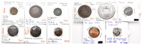 Lote heterogéneo con 11 monedas diferentes, incluye alguna moneda española, incluye 1 penny 1860 KM #7492, 20 pfennig ficha de cantina, 5 pennia 1918....