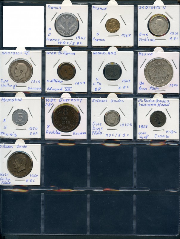 Lote de 12 monedas mundiales diferentes, Francia (2), Gran Bretaña (3), Holanda ...