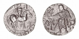 Reino de Baktria e Indo-Griegos
Hemidracma. AR. (171-160 a.C.). A/El rey a caballo, alrededor ley. 1.95g. GC.7546 vte. MBC+.