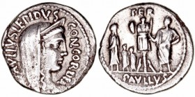 Aemilia
Denario. AR. Roma. (62 a.C.). A/Cabeza velada y diademada de la Concordia a der., alrededor PAVLLVS LEPIDVS CONCORDIA. R/ L. Aemilius Lepidus...