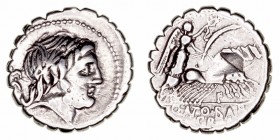 Antonia
Denario. AR. Roma. (83-82 a.C.). A/Cabeza laureada de Júpiter a der., detrás (S·C). R/Victoria con palma y corona en cuadriga a derecha, deba...