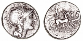Claudia
Denario. AR. Roma. (110-109 a.C.). A/Cabeza de Roma a der., detrás objeto triangular. R/Victoria en triga a der., en exergo (AP) CL·T· MANL·(...
