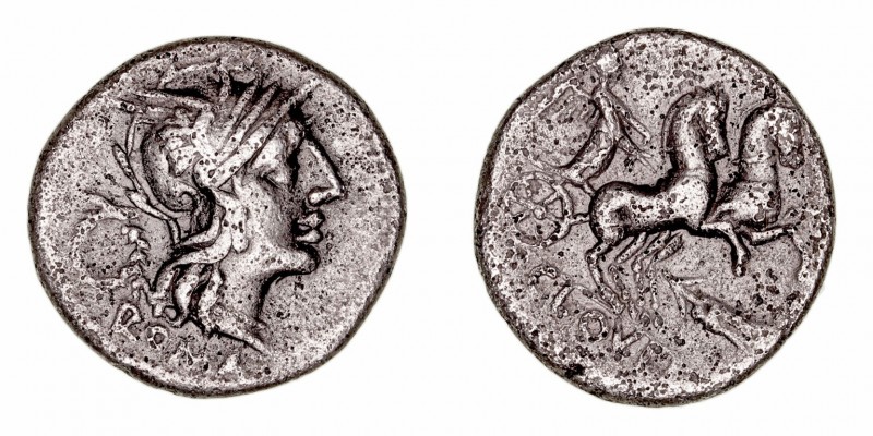 Clovlia
Denario. AR. Roma. (128 a.C.). A/Cabeza de Roma a der., detrás de coron...