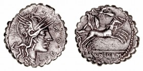 Cosconia
Denario. AR. (118 a.C.). A/Cabeza de Roma a der., detrás X, alrededor L· COSCO M· F. R/El guerrero Bituitus en biga a der. con escudo y arro...