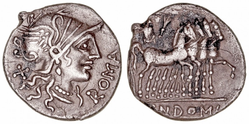 Domitia
Denario. AR. Roma. (116-115 a.C.). A/Cabeza de Roma a der., detrás X, d...