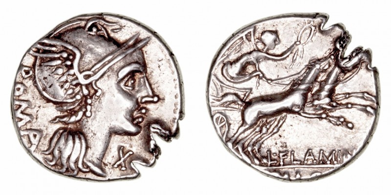 Flaminia
Denario. AR. Norte de Italia. (109-108 a.C.). A/Cabeza de Roma a der.,...