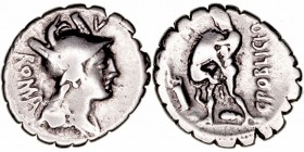 Poblicia
Denario. AR. Roma. (80 a.C.). A/Cabeza de Roma a der., encima V, detrás ROMA. R/Hércules a izq. estrangulando al león de Nemea, debajo maza,...