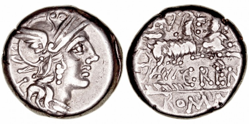 Renia
Denario. AR. Roma. (138 a.C.). A/Cabeza de Roma a der., detrás X. R/Juno ...