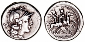 Scribonia
Denario. AR. Roma. (154 a.C.). A/Cabeza de Roma a der., detrás X. R/Los Dioscuros a caballo a der., debajo C·SCR y en exergo ROMA. 3.77g. F...