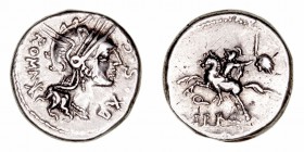 Sergia
Denario. AR. Norte de Italia. (116-115 a.C.). A/Cabeza de Roma a der., alrededor ROMA * EX· S·C. R/Jinete a izq., en el campo Q y cabeza de ga...