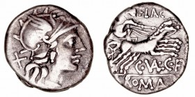 Valeria
Denario. AR. Roma. (140 a.C.). A/Cabeza de Roma a der., detrás X. R/Victoria con látigo en biga a der., encima (FLAC), debajo C·VAL·C·F y en ...