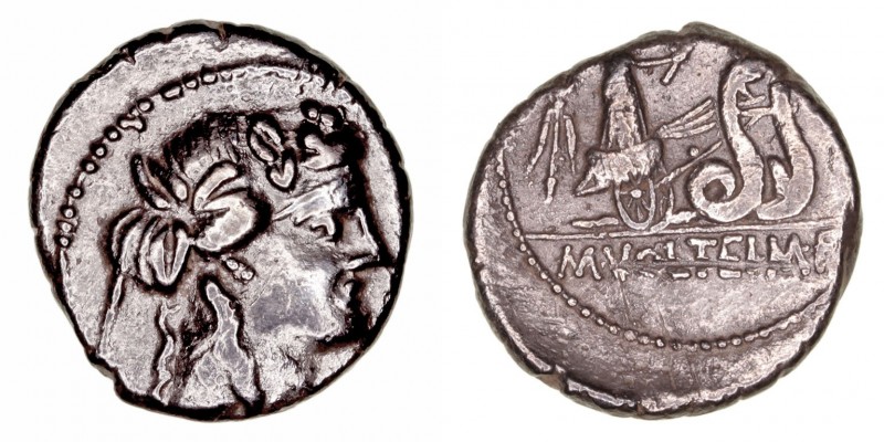 Volteia
Denario. AR. Roma. (78 a.C.). A/Cabeza de Baco a der. R/Ceres con dos a...
