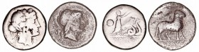 Lotes de Conjunto
Denario. AR. Lote de 2 monedas. Rustia y Volteia. FFC.1094 y 1231. Punzones de banquero. BC a RC.