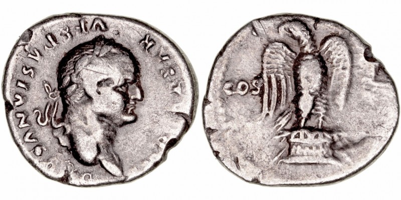 Vespasiano
Denario. AR. (69-79). R/COS (VI). Águila a la izq. sobre cipo. 3.33g...