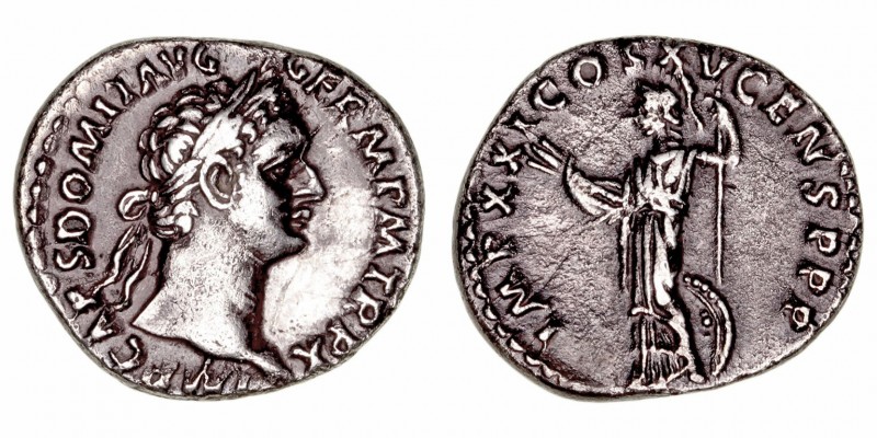 Domiciano
Denario. AR. (81-96). R/IMP. XXI. COS. XV. CENS. P. P. P. Minerva en ...