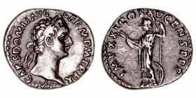 Domiciano
Denario. AR. (81-96). R/IMP. XXI. COS. XV. CENS. P. P. P. Minerva en pie con haz de rayos y cetro, a sus pies escudo. 3.45g. RIC.139. Suave...