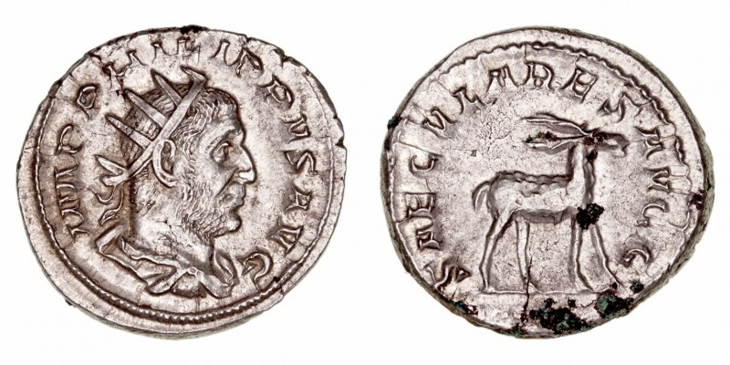 Filipo I
Antoniniano. AR. (244-249). R/SAECVLARES AVGG. Antílope a der. 5.29g. ...