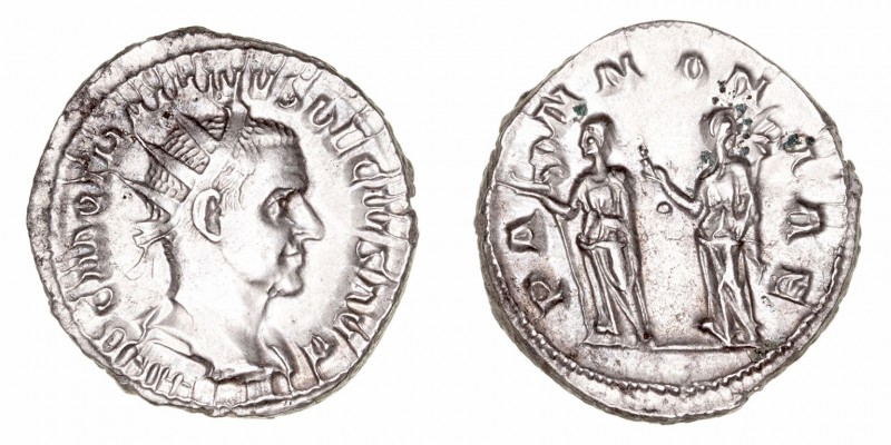 Trajano Decio
Antoniniano. AR. (250-251). R/PANNONIAE. 4.84g. RIC.21b. MBC+.