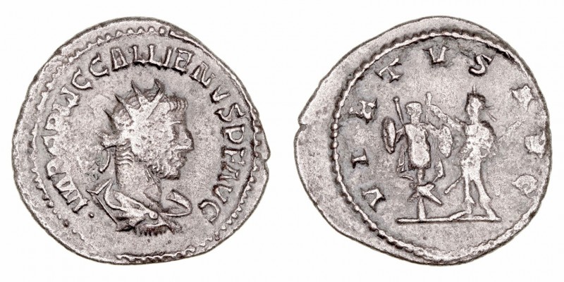Galieno
Antoniniano. VE. A/Busto radiado a der., alrededor ley. R/VIRTVS AVG. G...