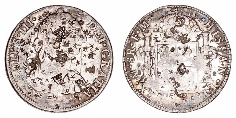 Carlos III
8 Reales. AR. Méjico FM. 1784. Múltiples resellos chinos. 26.89g. Ca...