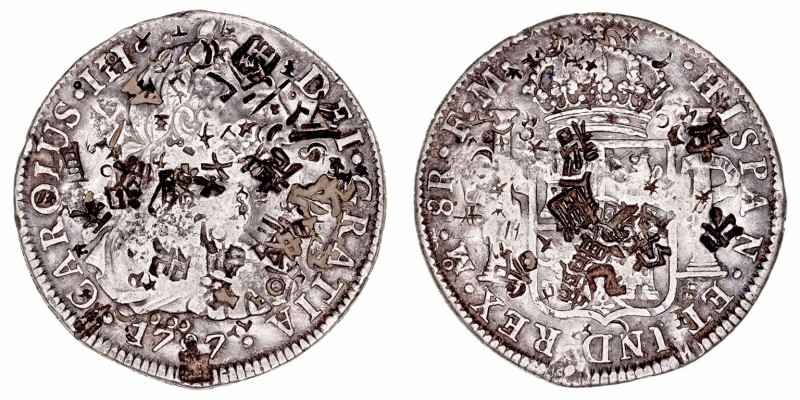 Carlos III
8 Reales. AR. Méjico FM. 1787. Múltiples resellos chinos. 26.95g. Ca...