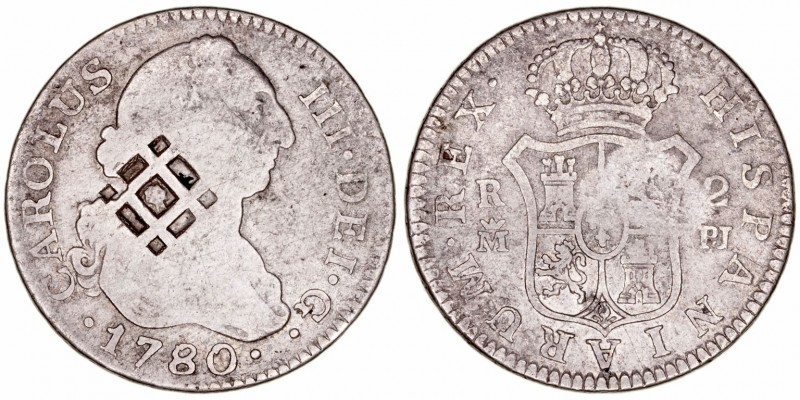 Carlos III
2 Reales. AR. Madrid PJ. 1780. Resello de Vique (Cuba) sobre el bust...