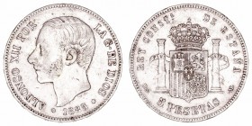 Alfonso XII
5 Pesetas. AR. 1885 *18-87 MSM. 24.91g. Cal.42. Algún golpecito y suciedad. (MBC-).