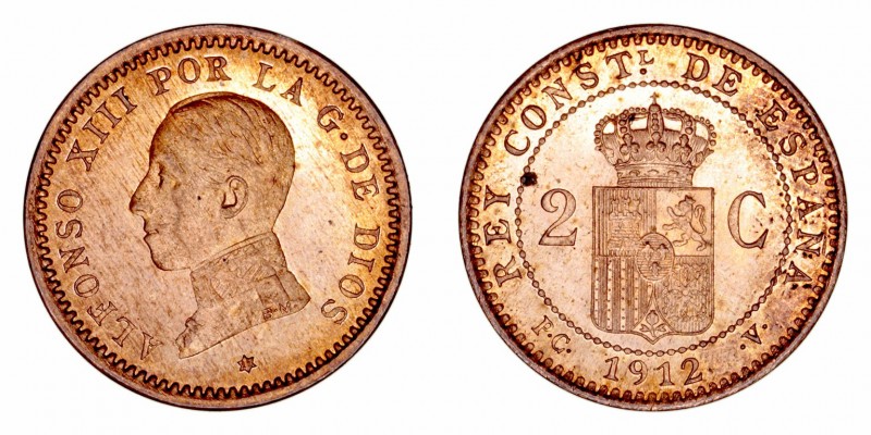 Alfonso XIII
2 Céntimos. AE. 1912 *12 PCV. 1.91g. Cal.75. Bella pieza con bonit...