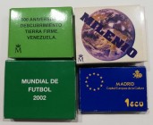 Juan Carlos I
AR. Lote de 4 monedas. Ecu 1992, 1500 Pesetas 1999 Milenio, 2000 Pesetas Mundial 2002 (Guante) y 3 Euro 1998 Tierra Firme. En estuches ...