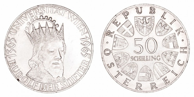 Austria 
50 Schilling. AR. 1965. Universidad de Viena 1365-1965. 20.09g. KM.289...