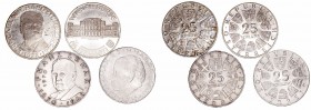 Austria 
25 Schilling. AR. Lote de 4 monedas. 1970, 1971, 1972 y 1973. EBC+ a MBC.